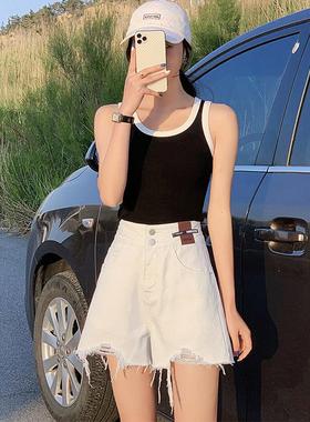 高货速发白色高腰破洞牛仔短裤女ins复古百搭宽松a字热裤网红设计