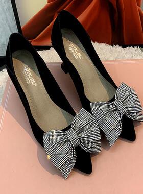 正货黑色鞋子女秋秋2025年新款小跟真皮单鞋水钻蝴蝶结细跟中