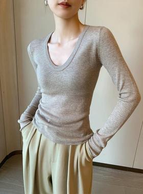 高货速发灰色U领针织衫女秋季2025新款修身显瘦内搭打底衫紧身毛