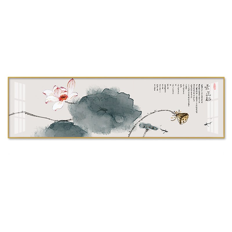 新中式卧室装饰画客厅沙发背景墙床头挂画荷花横版中国风晶瓷壁画图片