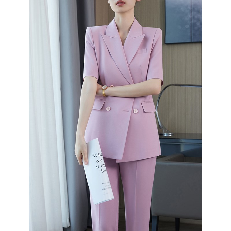 粉紫色高级感西装套装女2025新款短袖夏季薄款小个子职业休闲西服