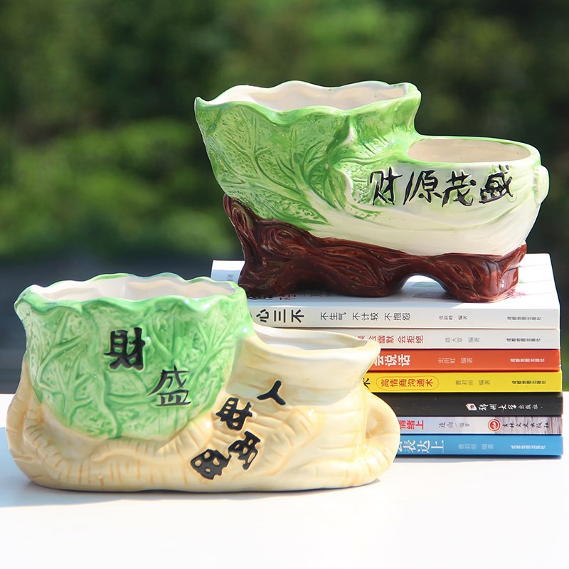 双口连体陶瓷花盆室内发财树盆栽盆景个性复古大白菜造型多孔花盆