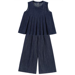 儿童装时髦装女童套装夏季新款直筒复古窄版阔腿裤无袖背心两件套