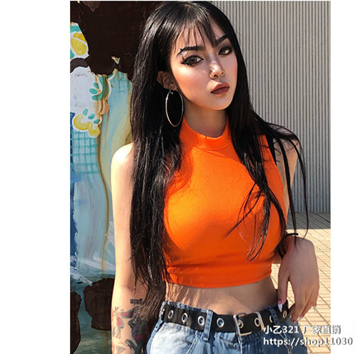 欧美街拍性感套头收腰背心女外穿超街舞高腰短款上衣露脐无袖T恤