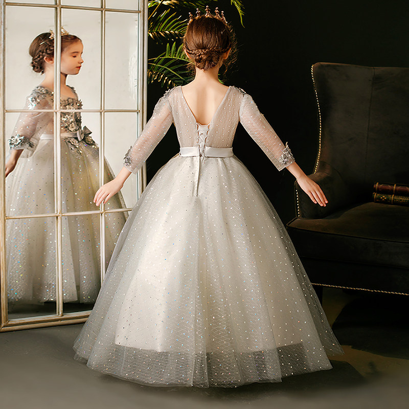 灰色儿童礼服长袖公主裙高端女童钢琴演出服洋气模特生日宝宝秋冬