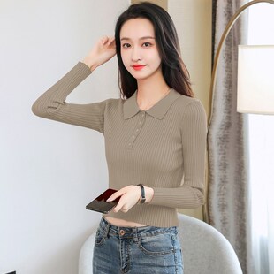 polo领薄款针织衫女春小个子气质短款上衣翻领毛衣修身内搭打底衫