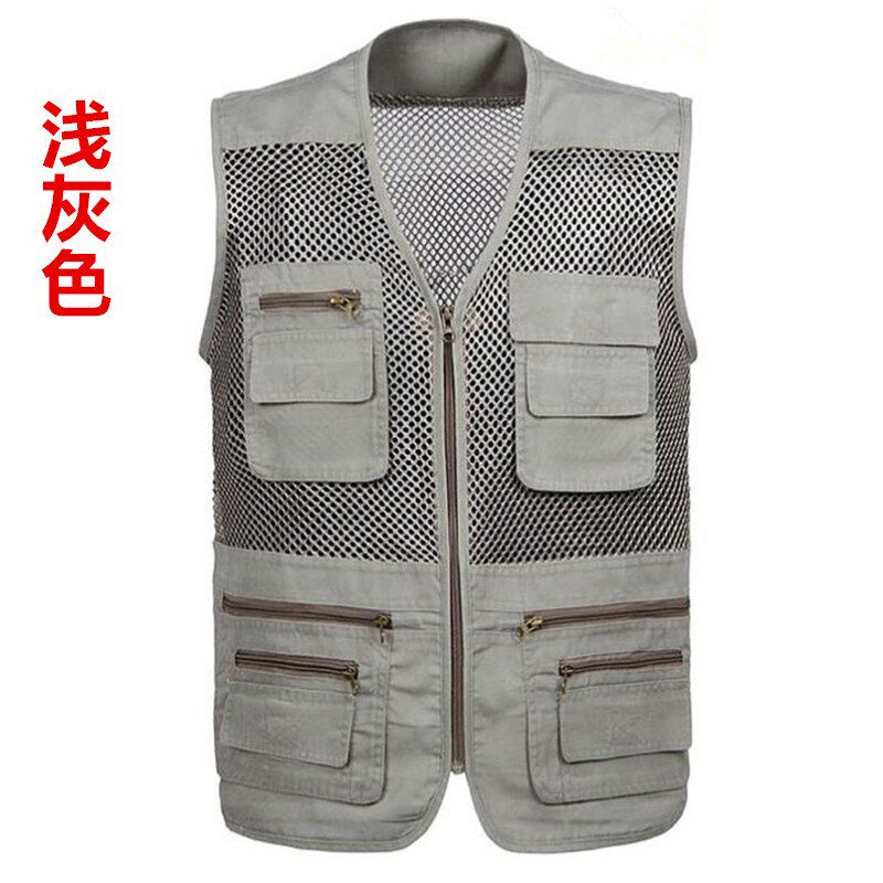 夏季中老年马甲男式户外钓鱼摄影大码V领多口袋网眼纯棉薄款背心
