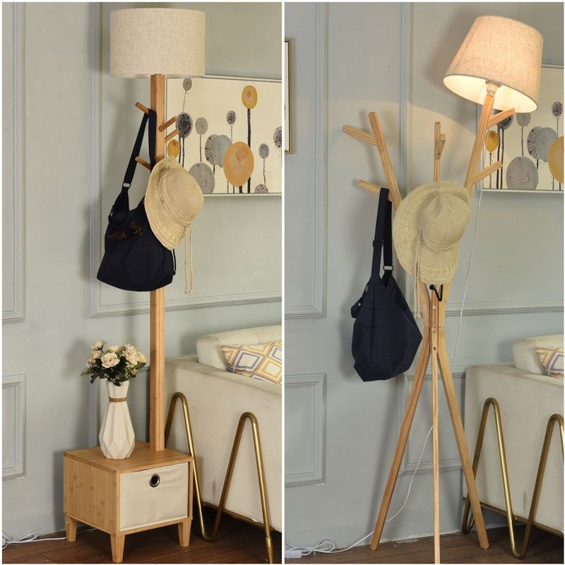 北欧式床头柜落地灯一体客厅简约卧室房间书房立式实木置物架白色