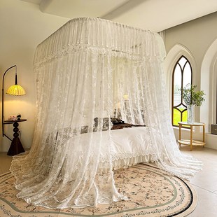 床幔蕾丝U型轨道蚊帐豪华别墅三开门家用公主风落地纱帐防尘 法式