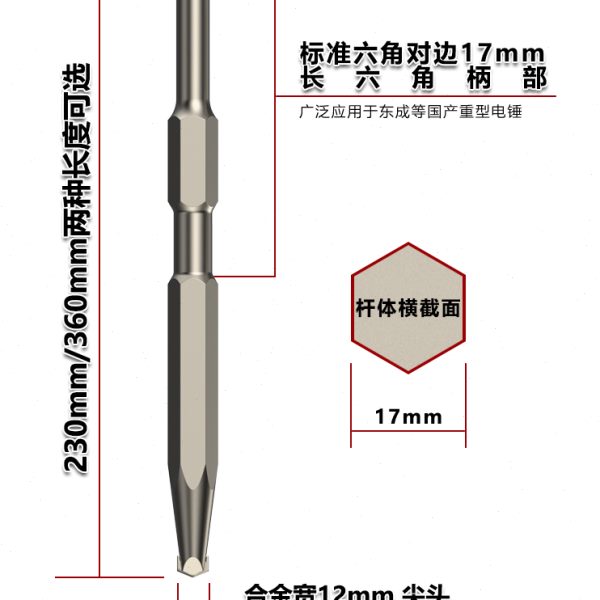 长六角电镐凿子 合金尖凿合金扁凿镶合金0810六角电镐头17*260