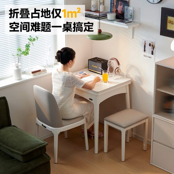 可折叠餐桌家用小户型现代简约实木法式轻奢奶油风岩板白色饭桌子