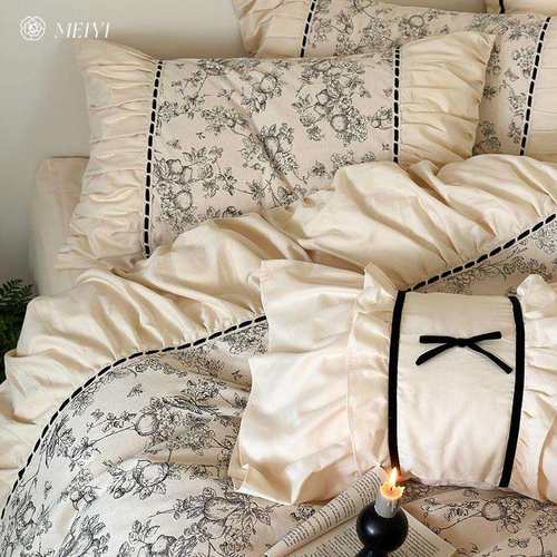 法式复古水洗棉四件套磨毛秋冬被套罩家用花边款公主风床上三件套