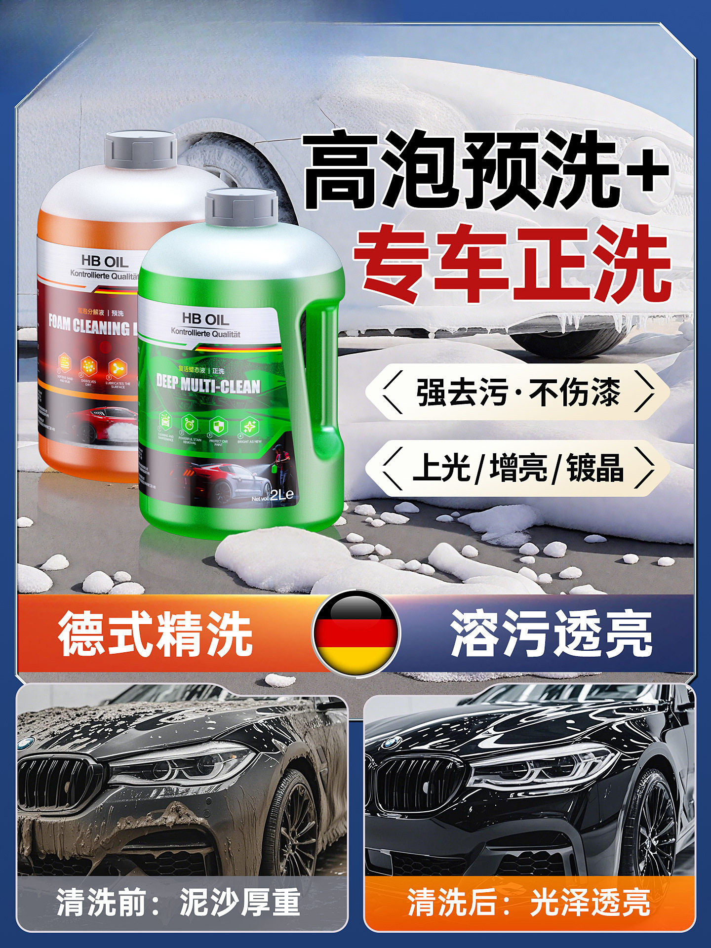 德国HB洗车液高泡沫预洗水蜡黑白汽车隐形车衣去污镀晶正洗液批发