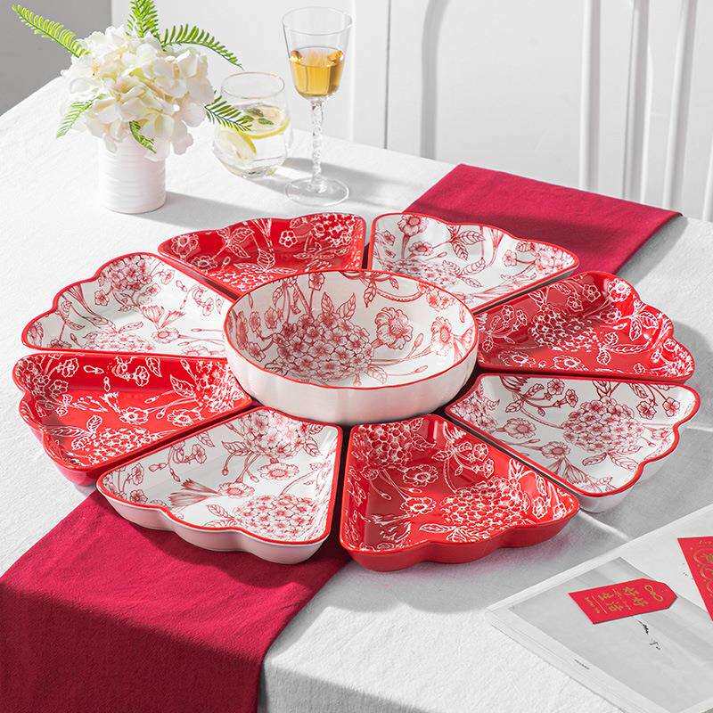 喜庆拼盘套装年夜饭团圆盘子家用陶瓷菜盘送礼新婚火锅盘餐具套装