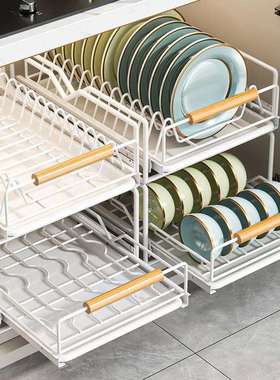 厨房碗碟收纳架橱柜内置抽屉式放碗盘拉篮抽拉碗架盘子沥水置物架