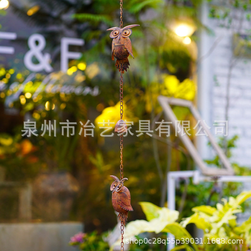 跨境爆款彩绘铁艺做旧铜色猫头鹰装饰性挂链雨链装饰屋檐引水链