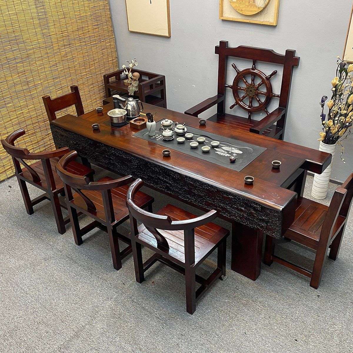 船木龙骨茶道桌全套实木套装一体办公室喝茶家具功夫大茶台茶艺
