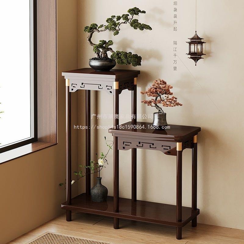 莱澳新中式花架实木高低组合花架盆景长方形石头室内多层花盆架置