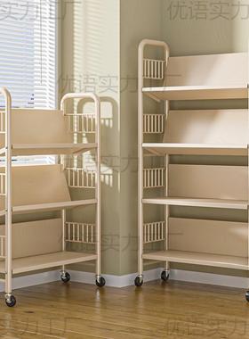 书架落地置物架带轮一体靠墙移动儿童书本简易多层铁艺储物收
