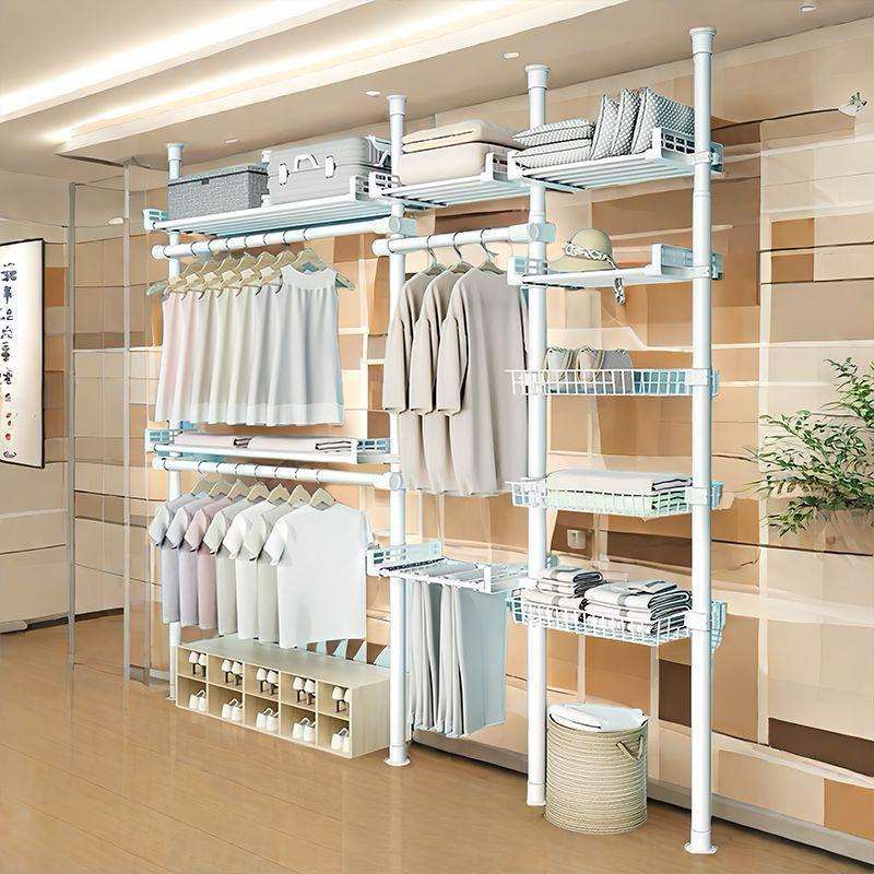 晾衣架卧室内免打孔衣架落地家用衣帽间伸缩组装简易衣柜