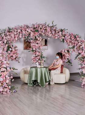 广千丰新款C型拱门粉色花艺婚庆背景舞台装饰仿真花户外婚礼假花