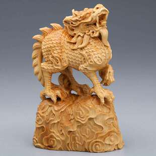 崖柏木雕麒麟摆件实木雕刻居家办公开业送子麒麟动物装饰工艺品