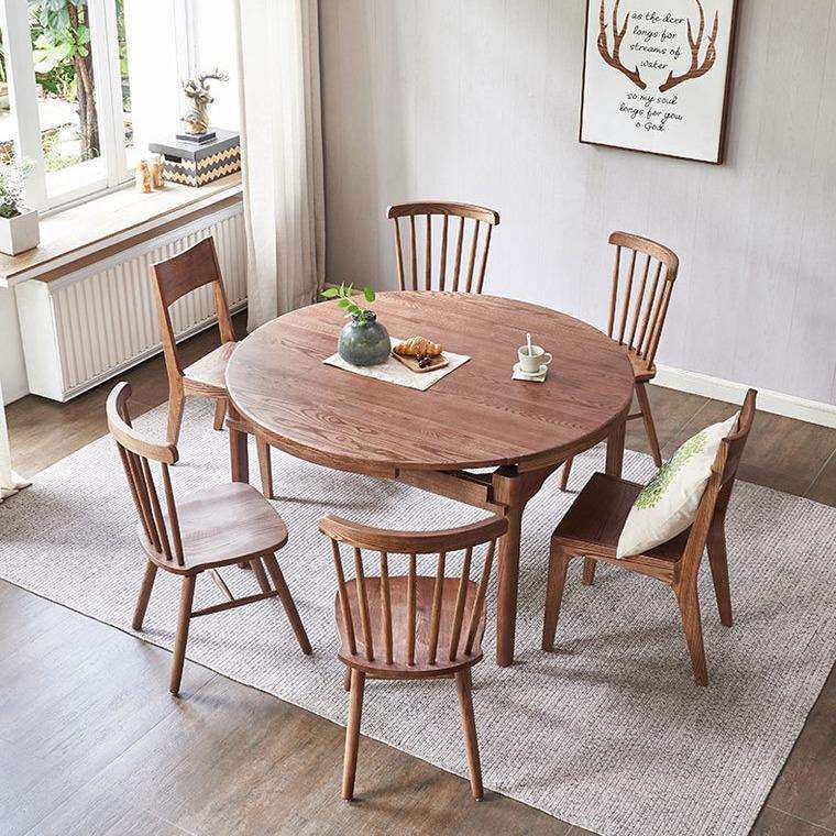 北欧全实木可伸缩折叠家用小户型圆餐桌简约现代白蜡木餐桌椅组合