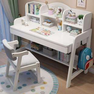 升降实木书桌带书架一体家用初中生学习桌小学生卧室儿童写字桌椅