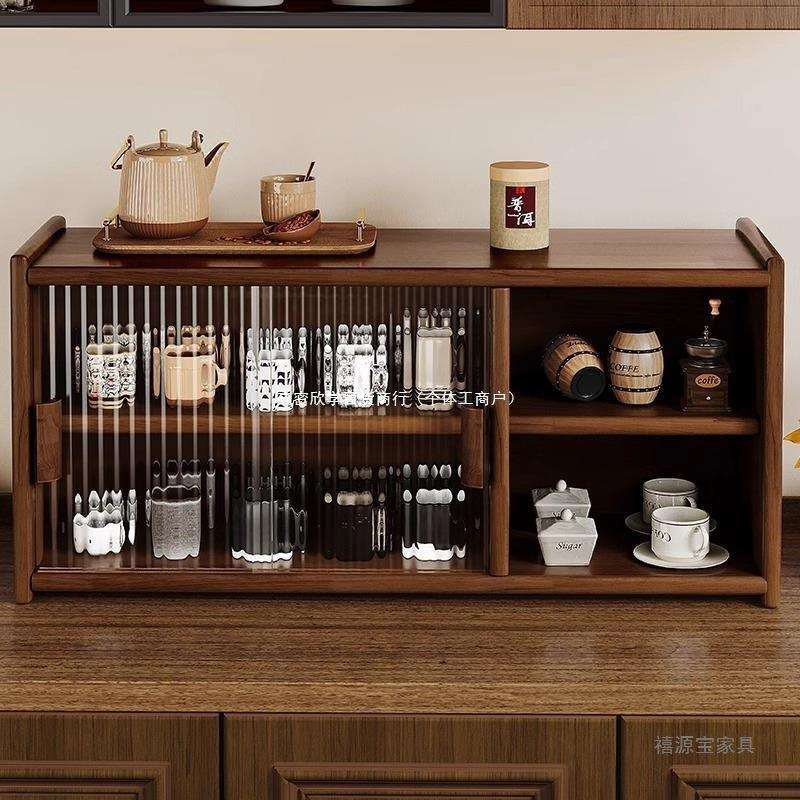 日式实木餐边柜桌面收纳柜橱柜碗柜胡桃木色餐桌收纳架台面置物架
