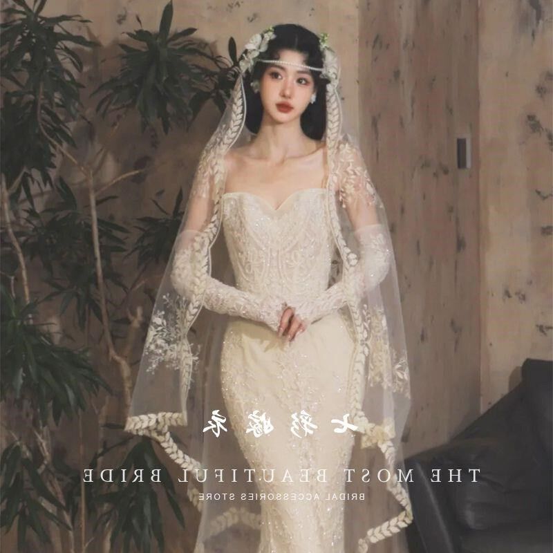 复古蕾丝花边头纱新娘主婚纱头纱余爱多瑙河同款新娘超仙高级头饰