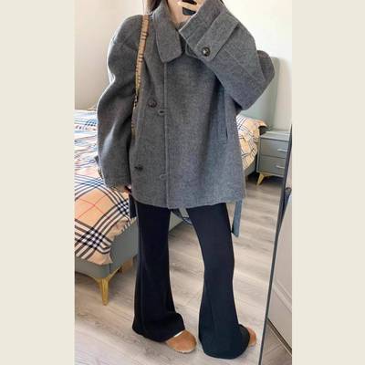 灰色短款双面羊绒毛呢子大衣外套女2025年秋冬季新款高级感小个子