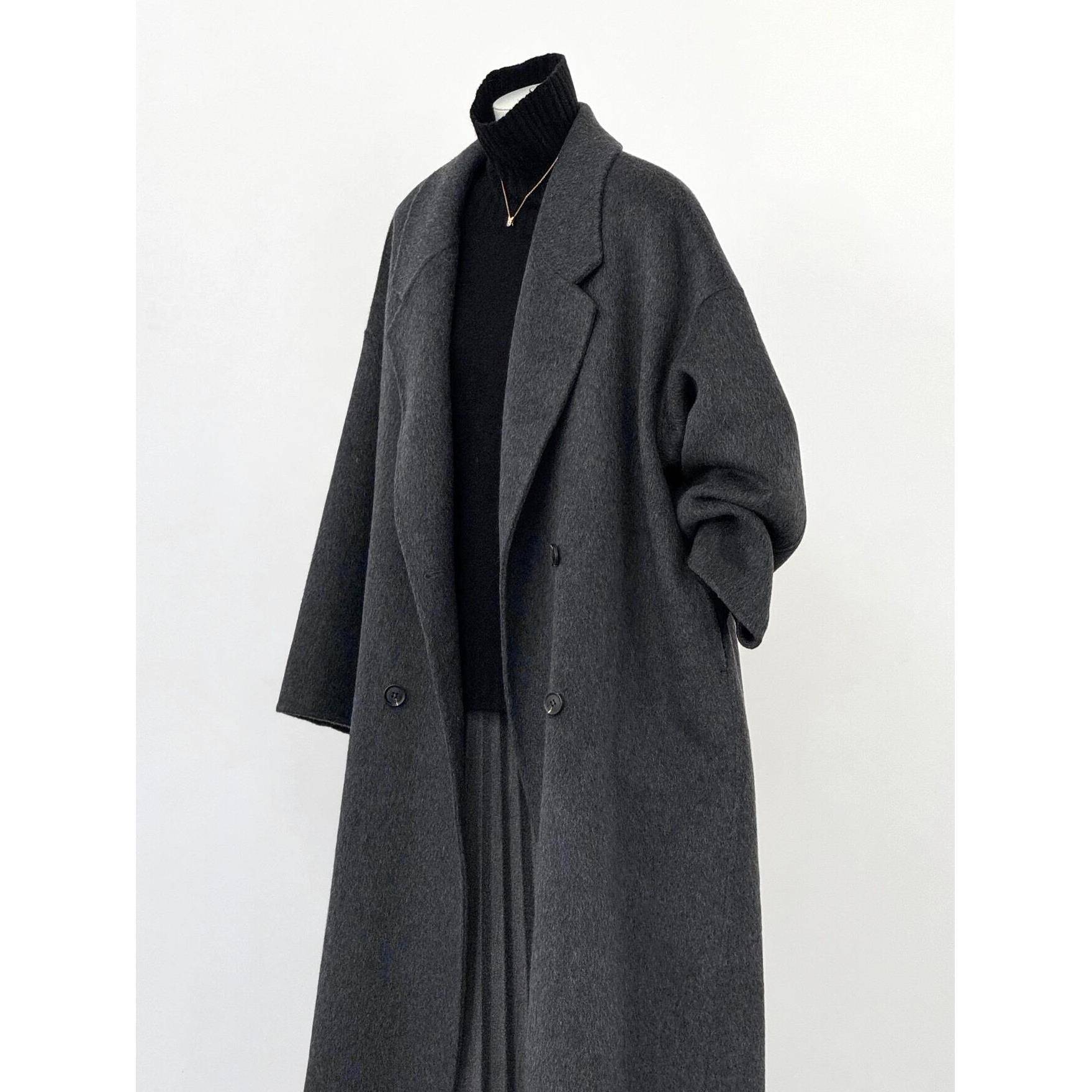 黑灰色双面羊绒大衣女2025秋冬新款中长款韩系宽松高端羊毛呢外套
