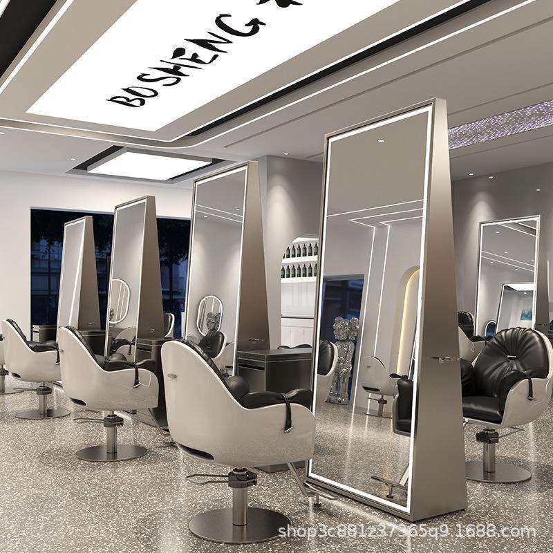 网红款理发店镜子不锈钢单双面全身落地镜带灯发廊专用美发店镜台