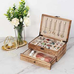 木质珠宝首饰盒带锁复古风桌面双层抽屉收纳盒