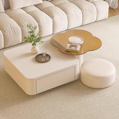 奶油风方形岩板茶几小户型简约现代轻奢花朵玻璃边几客厅家用组合