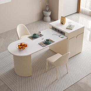 岛台餐桌一体家用可伸缩轻奢岩板高级现代简约奶油风导台加饭桌