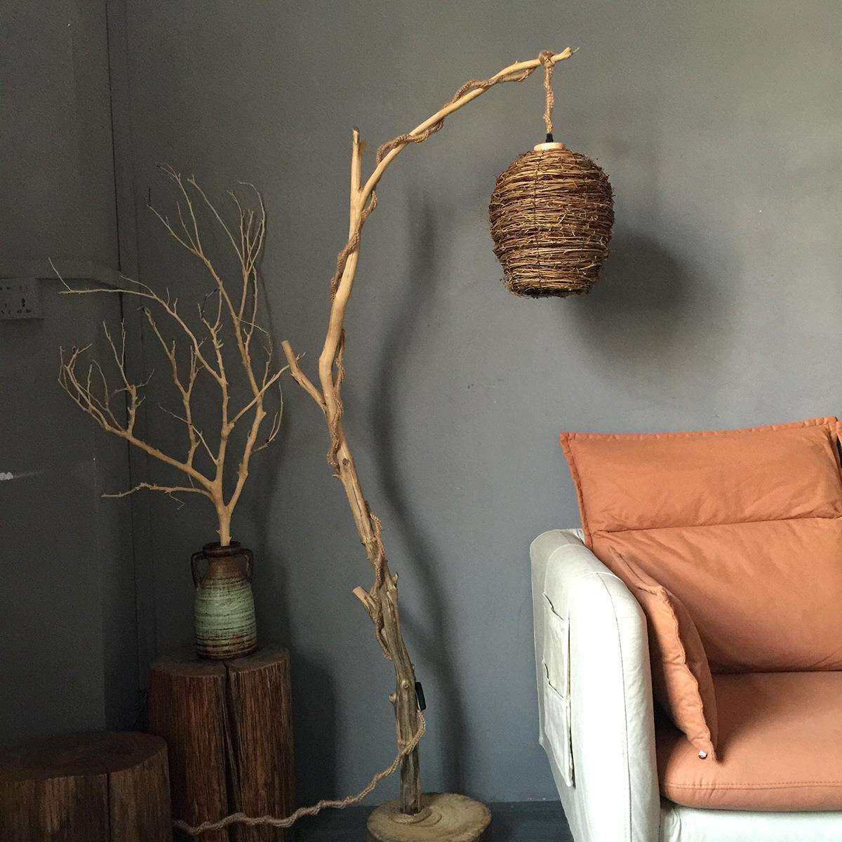 复古怀旧中古风干树枝落地灯民宿茶室藤编氛围灯原木网红装饰灯