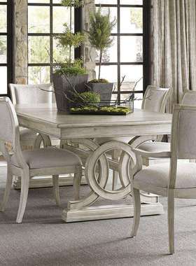 美式乡村复古长餐桌白色做旧长方形6人饭桌办公会议桌橡木大餐桌