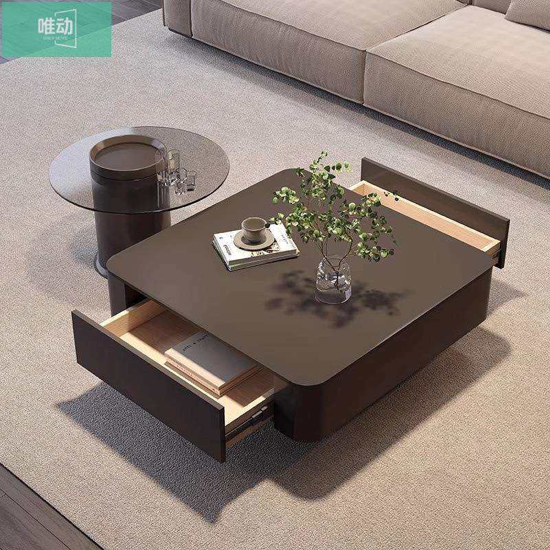 意式轻奢方形岩板茶几小户型现代简约高级感客厅家用黑色茶桌组合