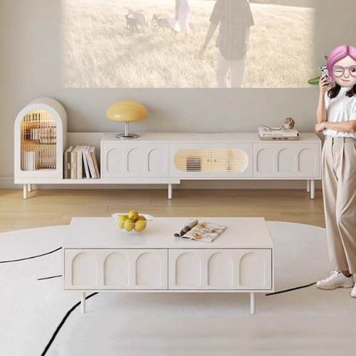 奶油风法式可伸缩电视柜小户型茶几组合储物柜客厅家用收纳边柜