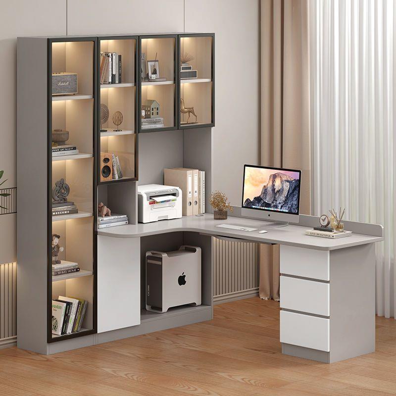 实木转角电脑桌书桌书架组合台式写字一体书柜家用拐角卧室学习桌