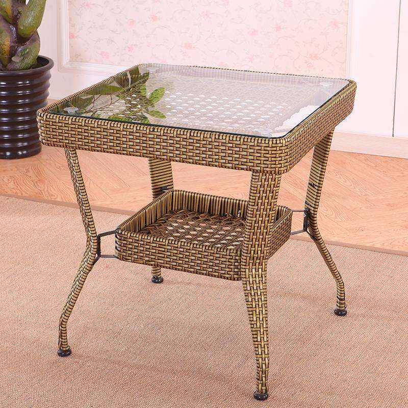 0A方形茶几阳台家用藤编钢化玻璃桌子休闲桌户外餐桌打牌编织洽谈