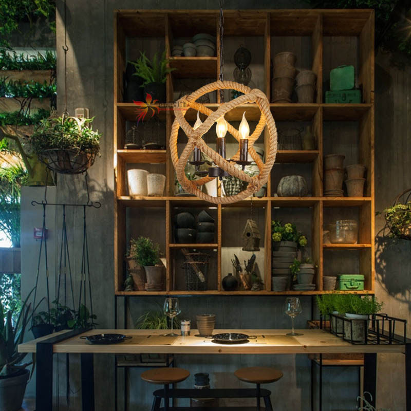 北欧仿古麻绳吊灯客厅创意酒吧灯loft复古工业风个性环形餐厅吊灯