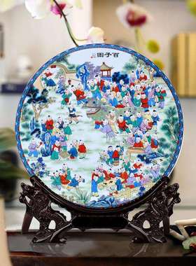 35cm瓷盘青花雪景陶瓷装饰盘子溪山行旅花盘现代家饰客厅摆件