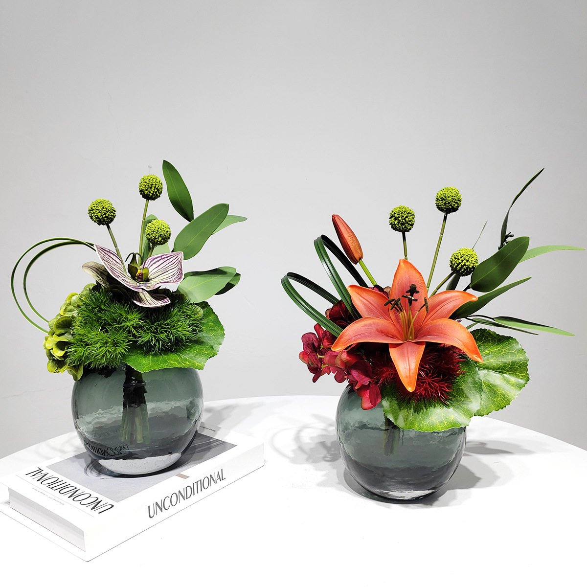 现代仿真花艺绿植玻璃花器餐桌洽谈软装客厅假花轻奢装饰花艺摆件