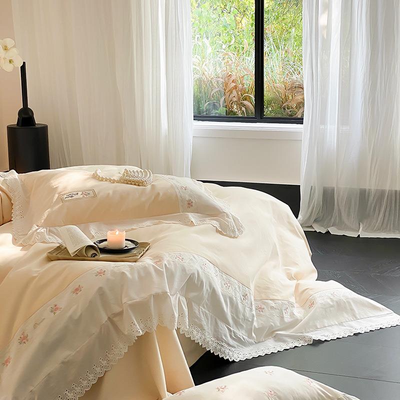少女100支全棉磨毛四件套花边纯棉刺绣被套床单秋公主冬床上用品