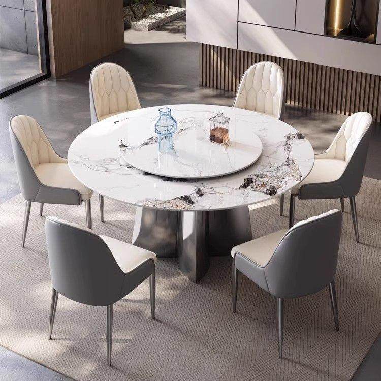 意式轻奢亮光岩板餐桌椅组合现代简约客厅带转盘小户型圆形吃饭桌