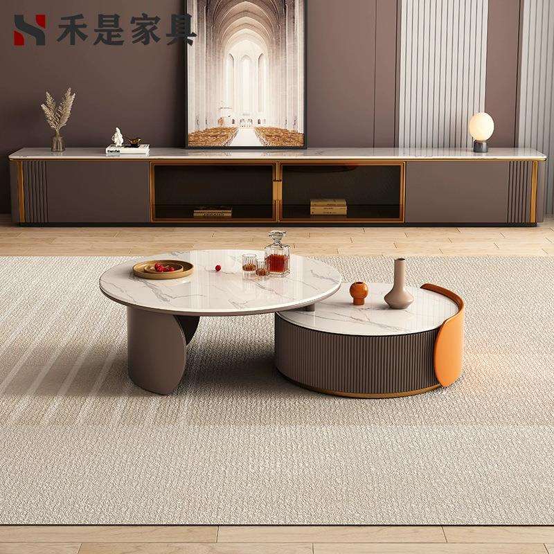 意式简约岩板茶几组合客厅家用现代小户型轻奢风可伸缩大小圆套几