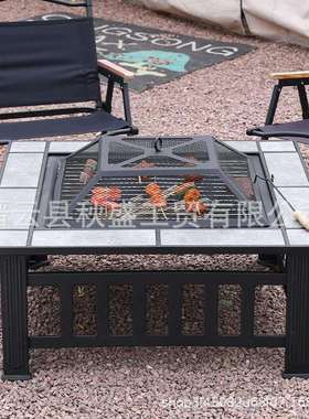 户外方形火炉实用烧烤炉firepit火盆工厂瓷砖桌面带盖火炉欧美市