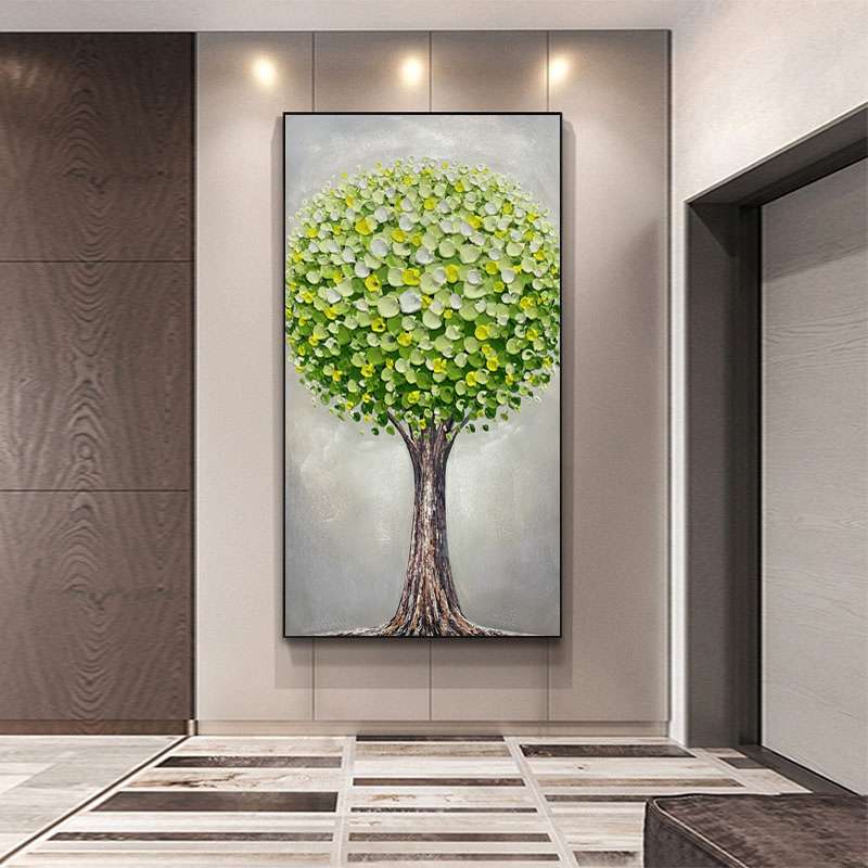 入户玄关装饰画客厅轻奢立体挂画竖版现代厚油手绘绿色发财树油画图片